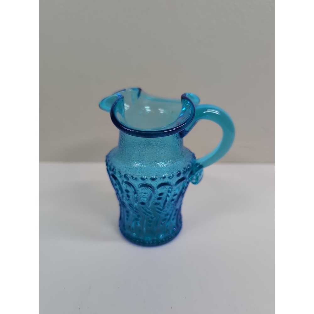Kanawha Ice Colonial Blue Glass‎ Pitcher Vintage 4" Dot Swirl Pattern